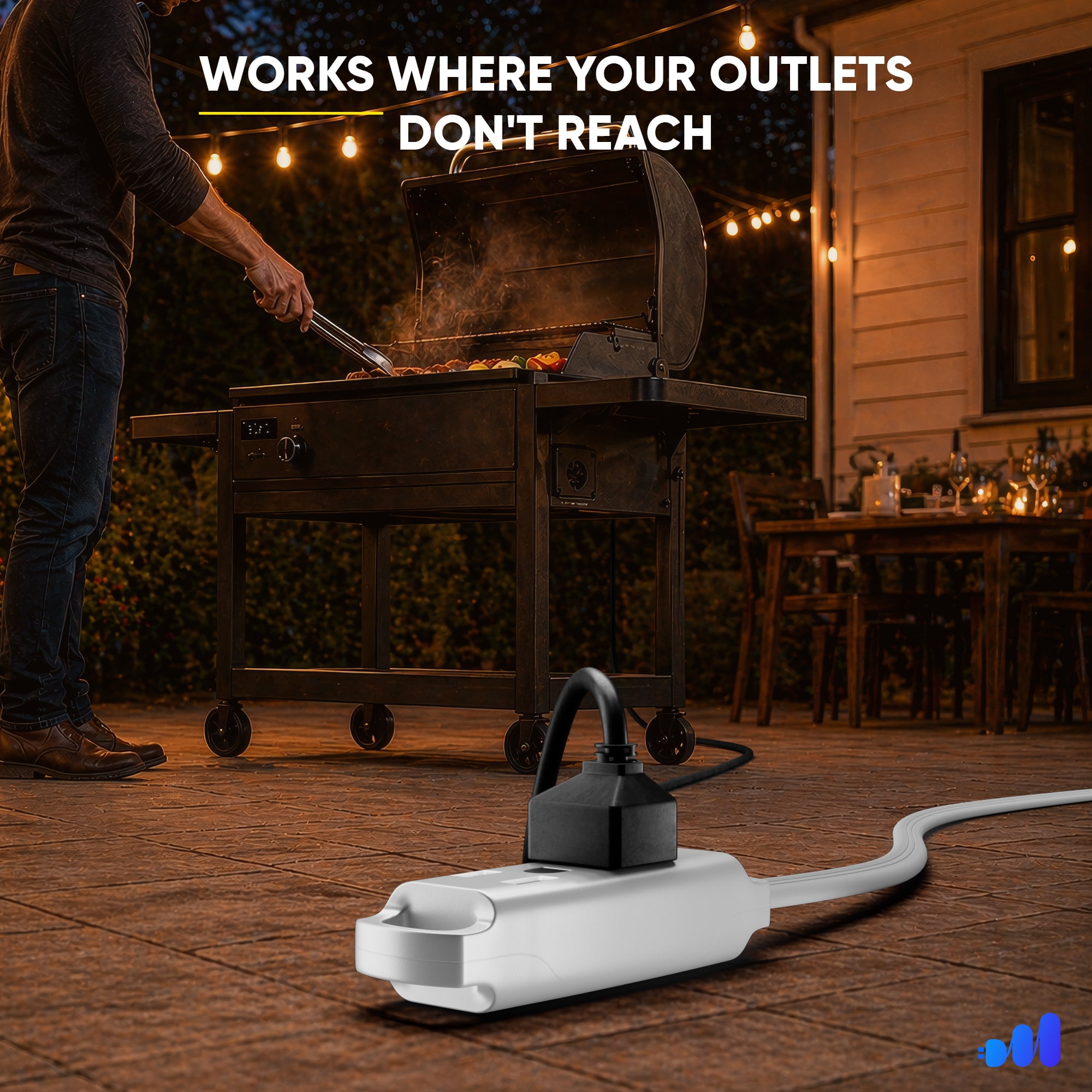 Maximm 3-Outlet 360° Rotating Flat Plug Extension Cord, 15ft, White, 14AWG Heavy Duty Flat Wire with Hanging Loop, 2-Sided Multi-Outlet Power Strip, UL Certified