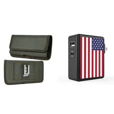 

Holster and Wall Charger Bundle for Nokia C200: Horizontal Rugged Nylon Belt Pouch Case (Midnight Green) and 45W 2 Port (Power Delivery USB-C USB-A) Power Adapter (American USA Flag)