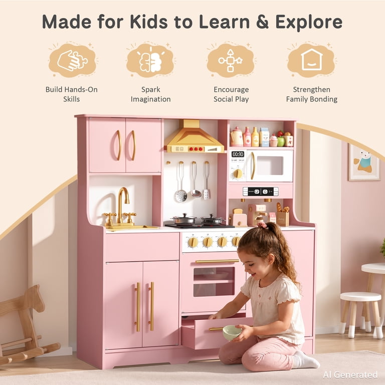 AILEEKISS Wood Kids Play Kitchen, Pink photo 8