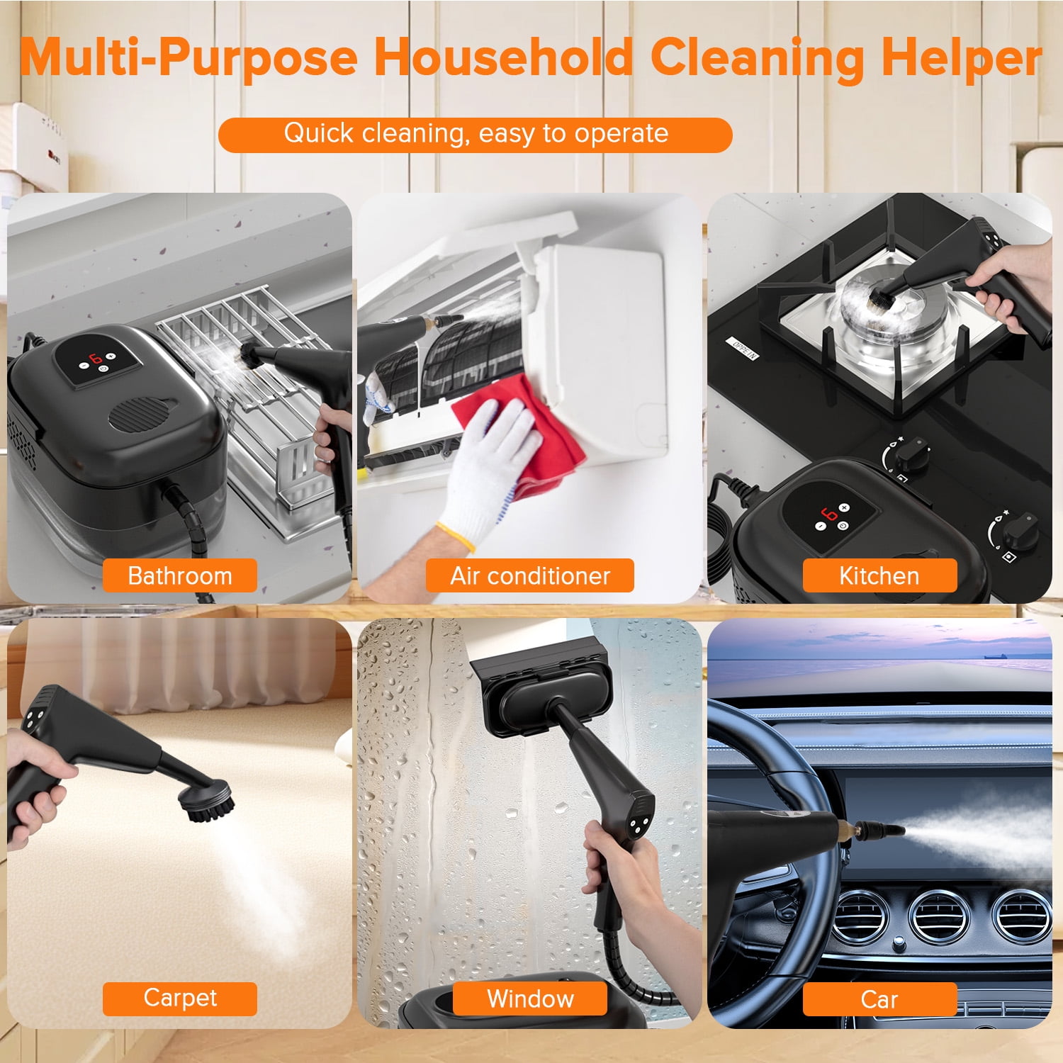 Yucurem 1500W Portable Handheld Steam Cleaner, 6-Level Adjustable 1.4L Tank with 10 Accessories for Home Furniture Car Carpet Tile