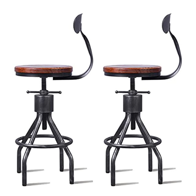 Set of 2 Industrial Bar Stool-Adjustable Swivel Wood Metal Bar Stool-Counter Height to Extra Tall Farmhouse Bar Stool-24-30 Inch Seat Height-with Backrest