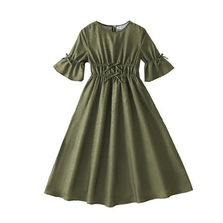 XEGLSBU Girls Dresses Size 5T Long Sleeve Kids Elegant Girls Short Sleeve Slim Fit Dress with Bow Tie Waist for Summer Party Fashion Solid Casual Dresses Green Size 7-8 Years