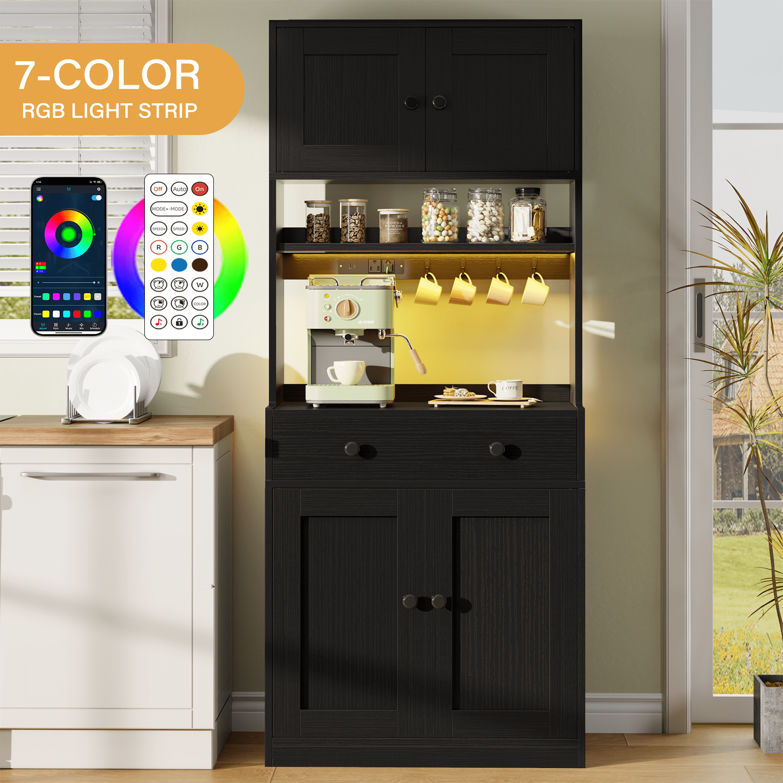 TYDIMOR 72" Tall Kitchen Pantry Storage Cabinet with Doors & Adjustable Shelves, Wood Buffet Cabinet with Microwave Stand, Freestanding Hutch Cabinet for Dining Room, Black