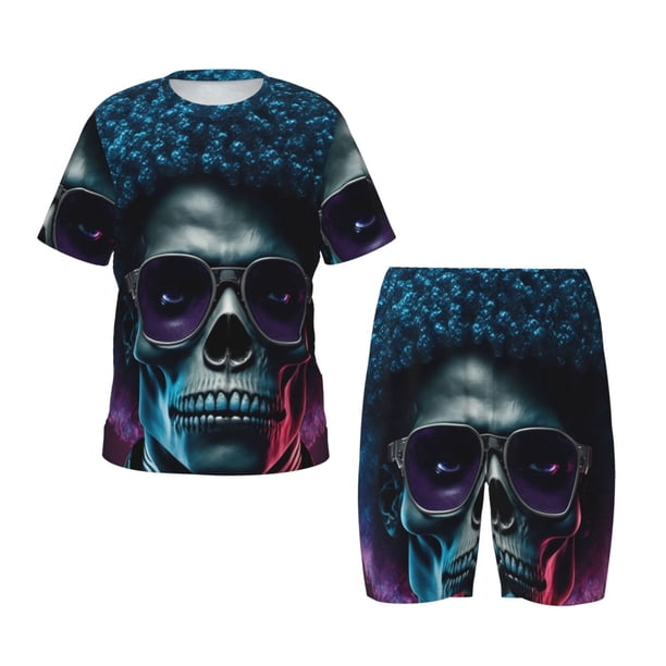 Balery Punk Style Blue Haired Skull Conjunto de Pijama Infantil de Manga Corta con Estampado – Ropa de Dormir de Algodón Suave-X-Large