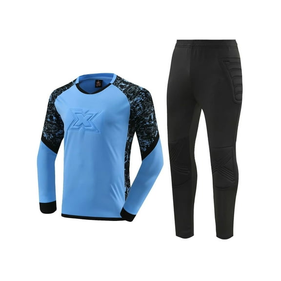 Alvivi Kids Boys Soccer Goalkeeper Jersey Set Long Sleeve Padded T-Shirt and Sports Pants Protection Equipment Training Uniform Sky Blue 13-14
