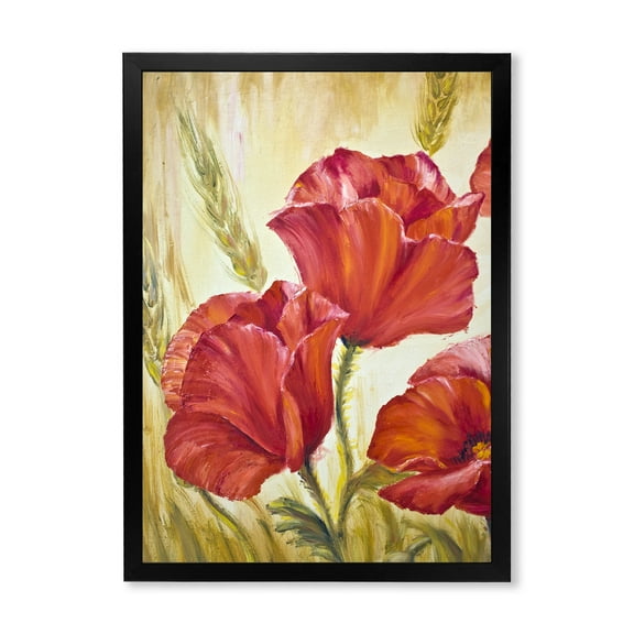 Designart 'Blossoming Red Poppies In Wheat Fields II' Traditional Framed Art Print