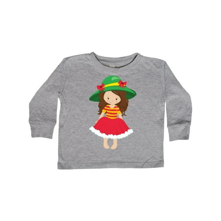 

Inktastic Cute Girl Brown Hair Red Skirt Green Hat Gift Toddler Toddler Girl Long Sleeve T-Shirt