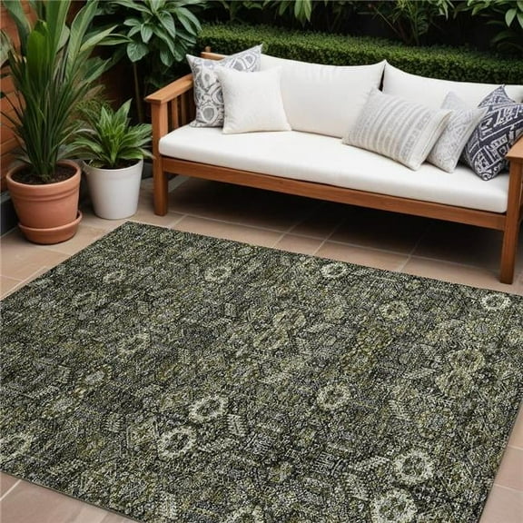 HomeRoots 564380 8 x 10 ft. Moss Green & Gray Floral Washable Non Skid Indoor Outdoor Rectangle Machine Woven Area Rug