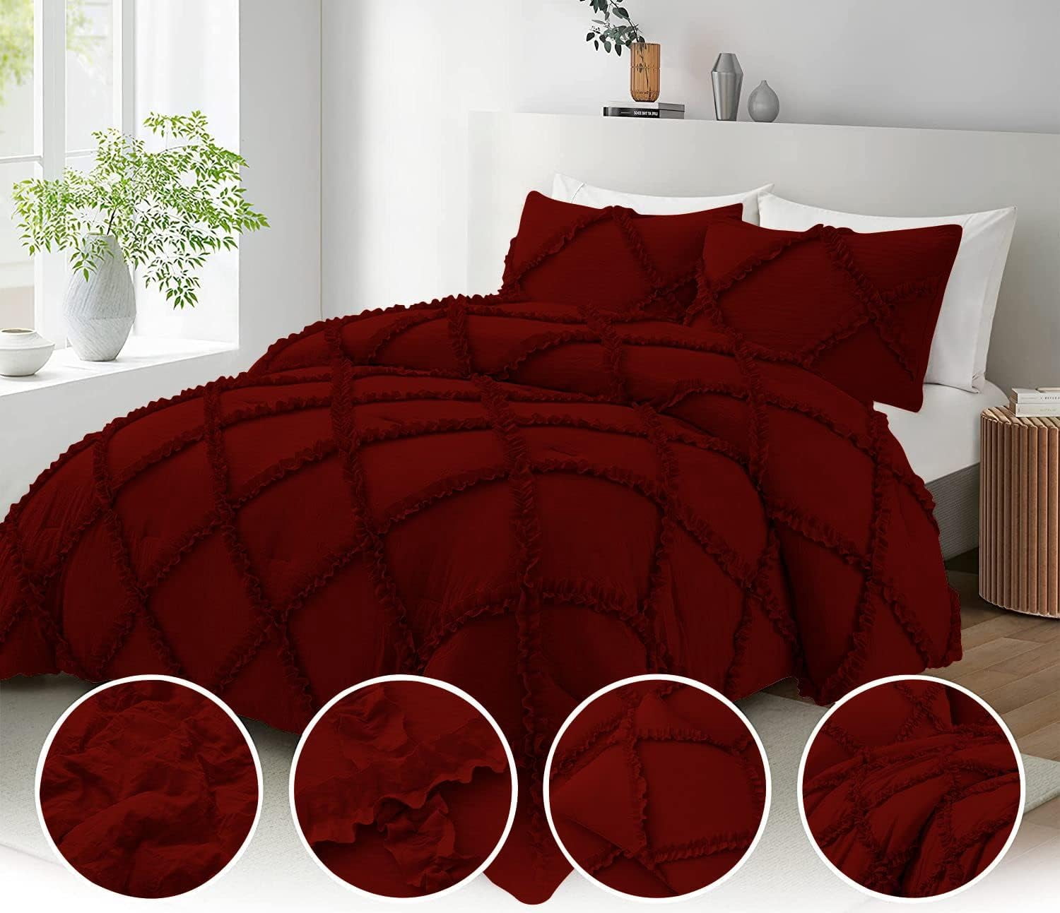 Duvet Cover Diamond Ruffle with Zipper Closure 1 Piece King/California King (94" x 104") Inches 100% Cotton 800 TC Premium Hotel Class Decorative Bedding with Corner Ties - Burgundy Solid