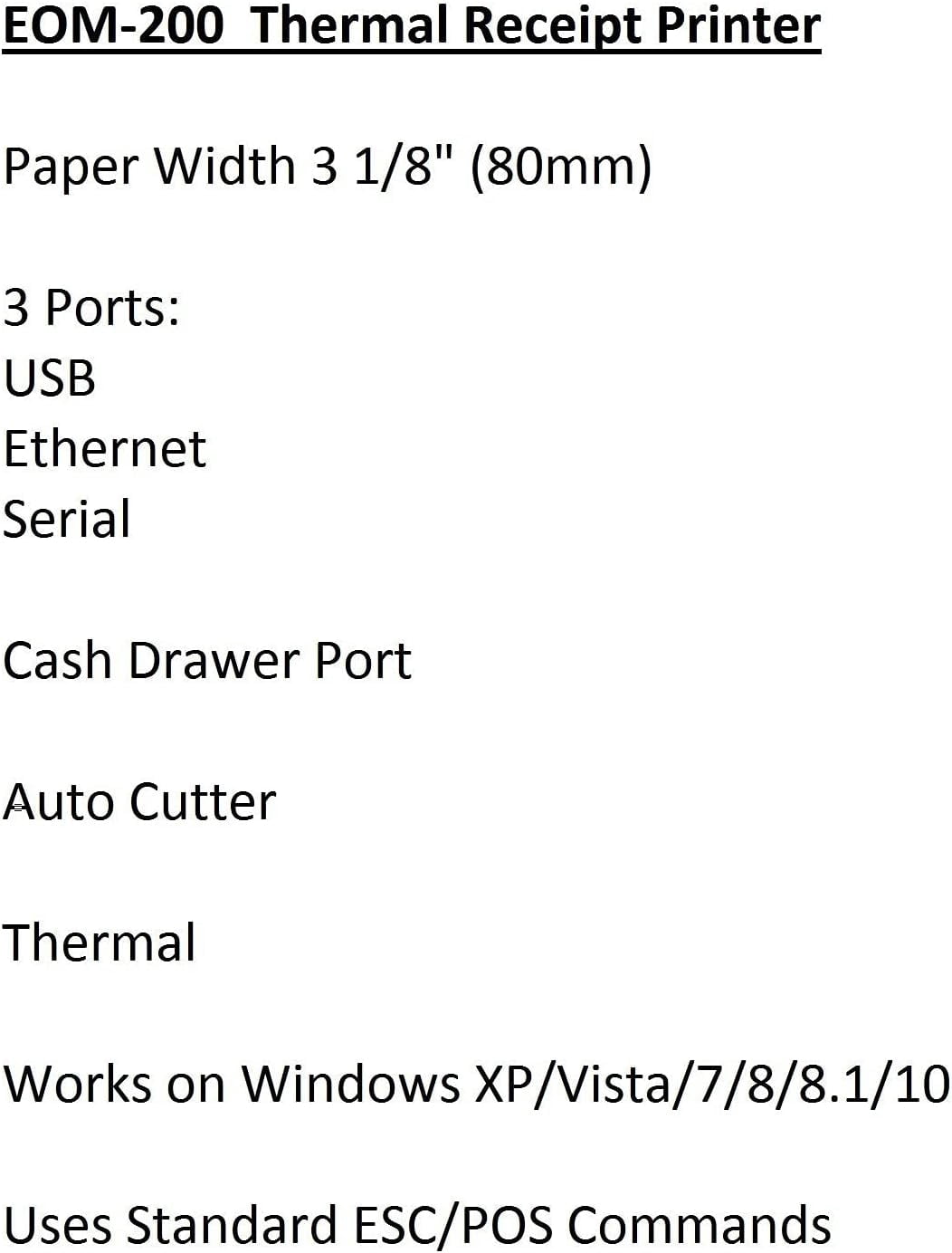 EOM-POS Thermal Receipt Printer, 3 1/8" (80 mm), USB/Ethernet/Serial, Auto Cutter, Windows-Compatible