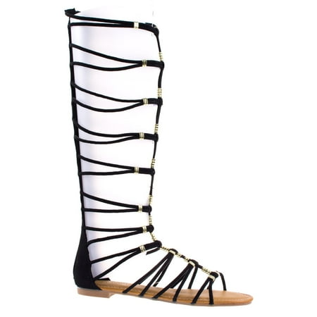 Bamboo - Magical13S Black Faux Suede Gladiator Flat Open Toe Strappy ...
