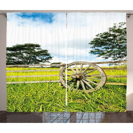Barn Wood Wagon Wheel Curtains 2 Panels Set, Fresh Green Meadow Ranching Fences Lush Growth Rural Landscape Trees, Window Drapes for Living Room Bedroom, 108W X 63L Inches, Multicolor, by