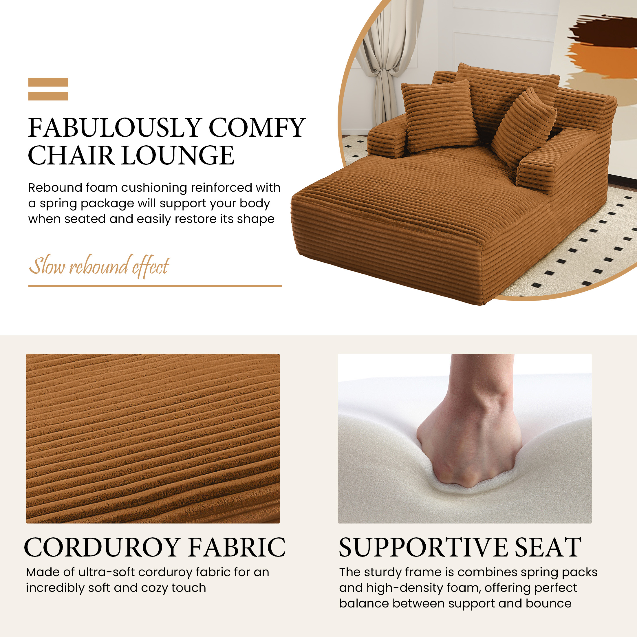 Aukfa 66" Oversized Chaise Lounge Chair, Corduroy Sleeper Sofa with 3 Pillow for Living Room,Orange