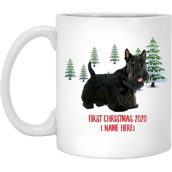 Personalized Name Custom Year Scottish Terrier Dark Brown Dog First Christmas 2025 Gifts New Years 2026 Decorations Winter Coffee Mug Ceramic White 11 oz