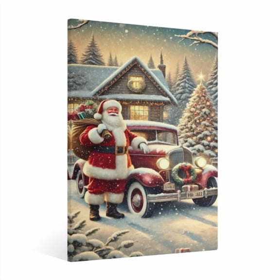 Vintage Christmas Santa Claus and the Red Truck Wall Art Paint Framed - Retro Xmas Festive Winter Holiday Christmas Wall Decor Canvas Print for Living Room Kitchen Bathroom Home Bedroom Decor