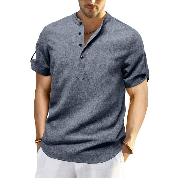 hotojiny Mens Henley Shirts Roll up Short Sleeve Casual Work Business Tops Summer Lightweight Beach Vacation Clothes