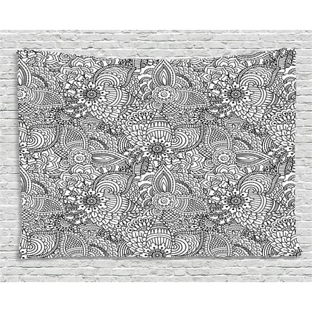 Henna Tapestry, Monochrome Design Ethnic Cultural Pattern Intricate Mehendi Swirls Asian Leaves, Wall Hanging for Bedroom Living Room Dorm Decor, 80W X 60L Inches, Black White, by (The Best Mehendi Designs)