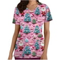 thumbnail image 2 of Women Christmas Scrub Tops Stretchy V-Neck Short Sleeve Cute Print Working Uniform Pull-On Tops with Pockets, M, 2 of 5