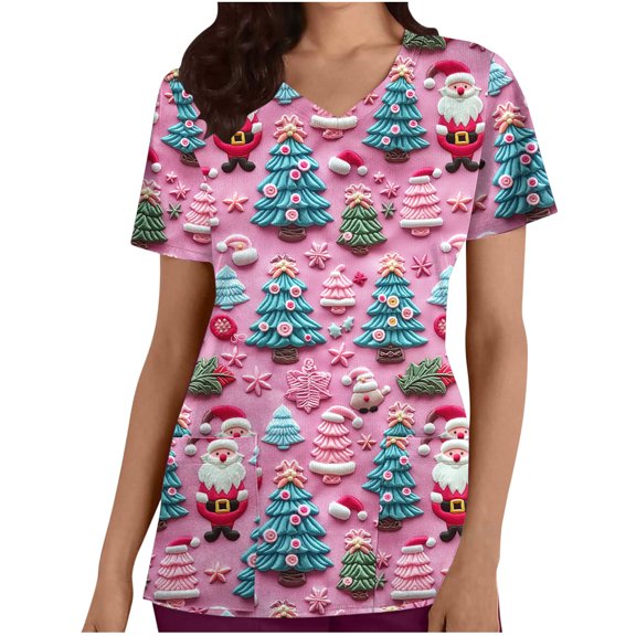 Xfvqtps Christmas Scrub Tops for Women Soft V-Neck Scrubs Comfortable Lightweight Nursing Uniforms Casual Printed Short Sleeve Nurse Top Working Uniforms with Pockets Pink