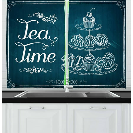 Tea Curtains 2 Panels Set, Pastries Bakery Cookies Muffin Cake Biscuit Morning Sweet Brunch Menu Artful, Window Drapes for Living Room Bedroom, 55W X 39L Inches, Petrol Blue White, by (Best Brunch Menu Items)