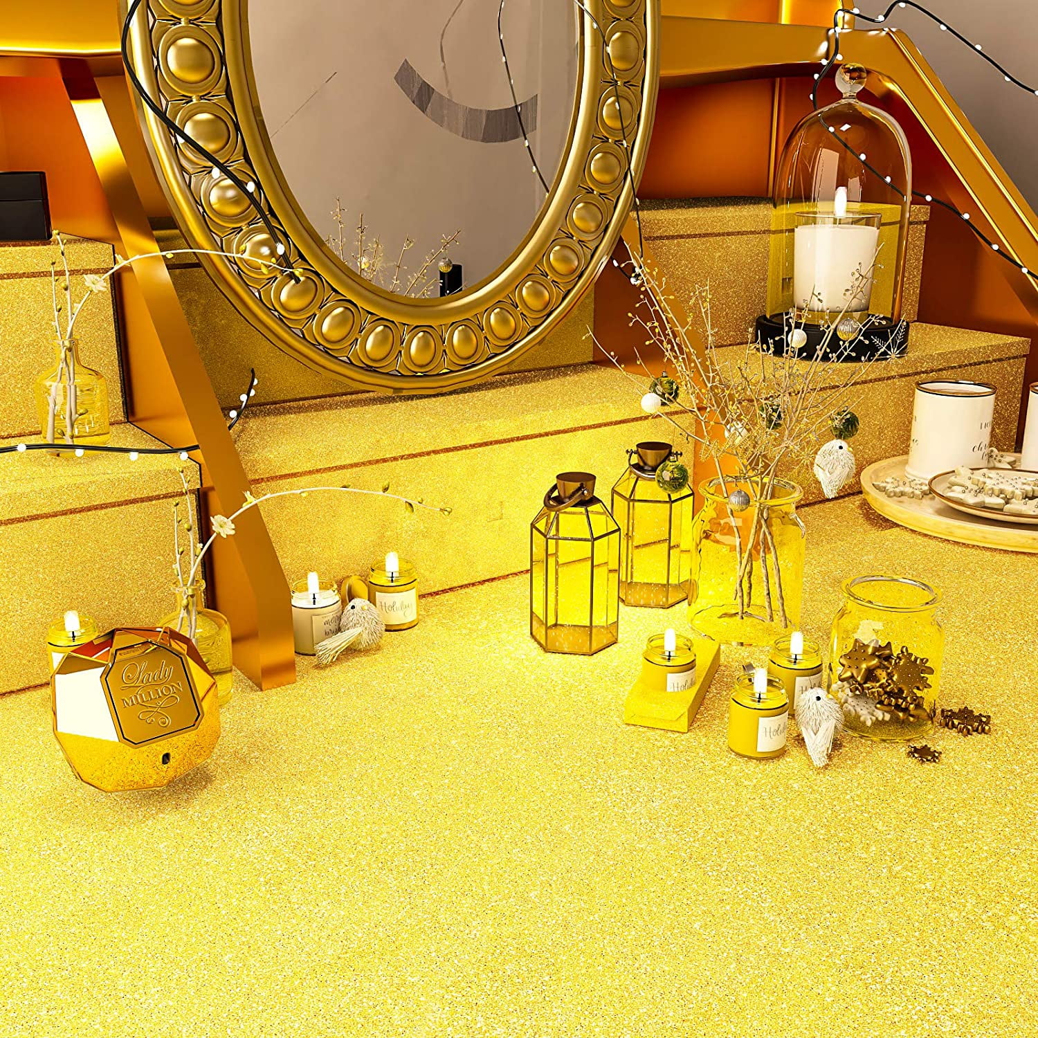 VEELIKE Gold Glitter Vinyl Self Adhesive Contact Paper Sparkly Wallpaper Stick and Peel Glittery Golden Wall Paper Cover Decorative for Bedroom Kitchen Cabinet Dresser Drawer Liner DIY 15.7''x354''