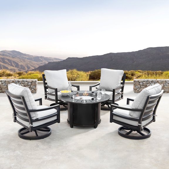 Oakland Living  44 in. Outdoor Aluminum Round Fire Table Set with Four Deep Seating Swivel Rocking Chair - 5 Piece