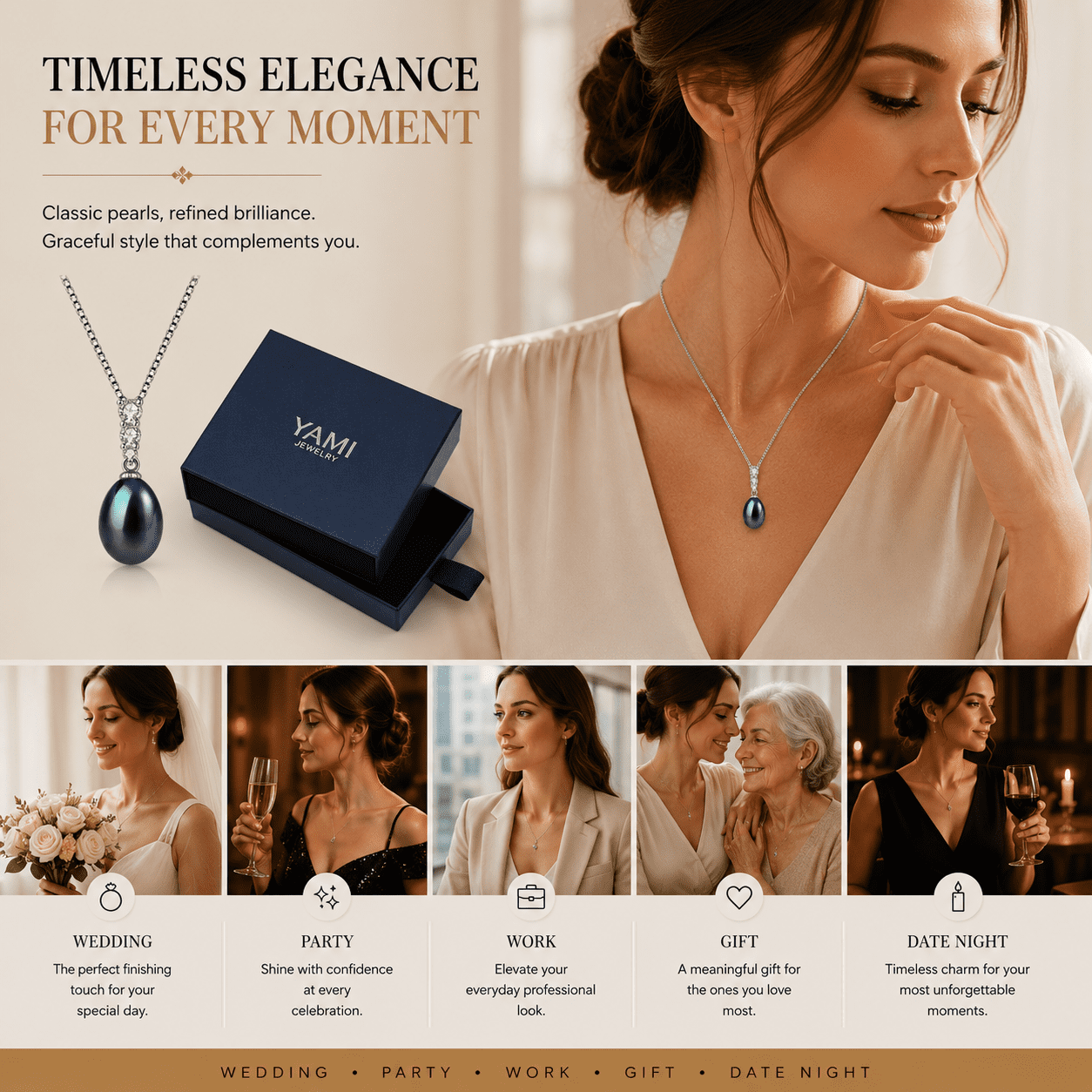 Yami 9-10mm Tahitian Black Pearl Pendant Necklace Saltwater Cultured in 925 Sterling Silver Three CZ Jewelry Gifts for Her