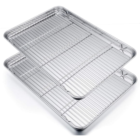 P&P CHEF Juego de bandeja para hornear y rejilla de cocina extra grande, bandeja de media hoja para galletas de acero inoxidable con parrilla rectangular de 19.6 x 13.5 x 1.2 pulgadas, apta para horno