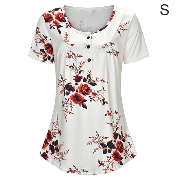 Camiseta estampada Mujer Verano Cuello redondo Blusa de manga corta Top suelto, Blanco, S Methold AP001352-16