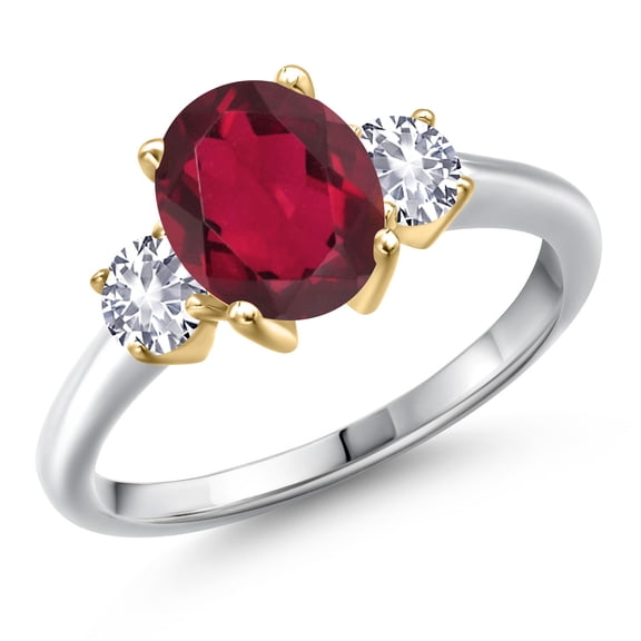Gem Stone King 925 Silver and 10K Yellow Gold Ruby Red Mystic Quartz and White Created Sapphire Engagement Ring for Women | 2.30 Cttw | Oval 9X7MM | Gemstone Birthstone | Size 8