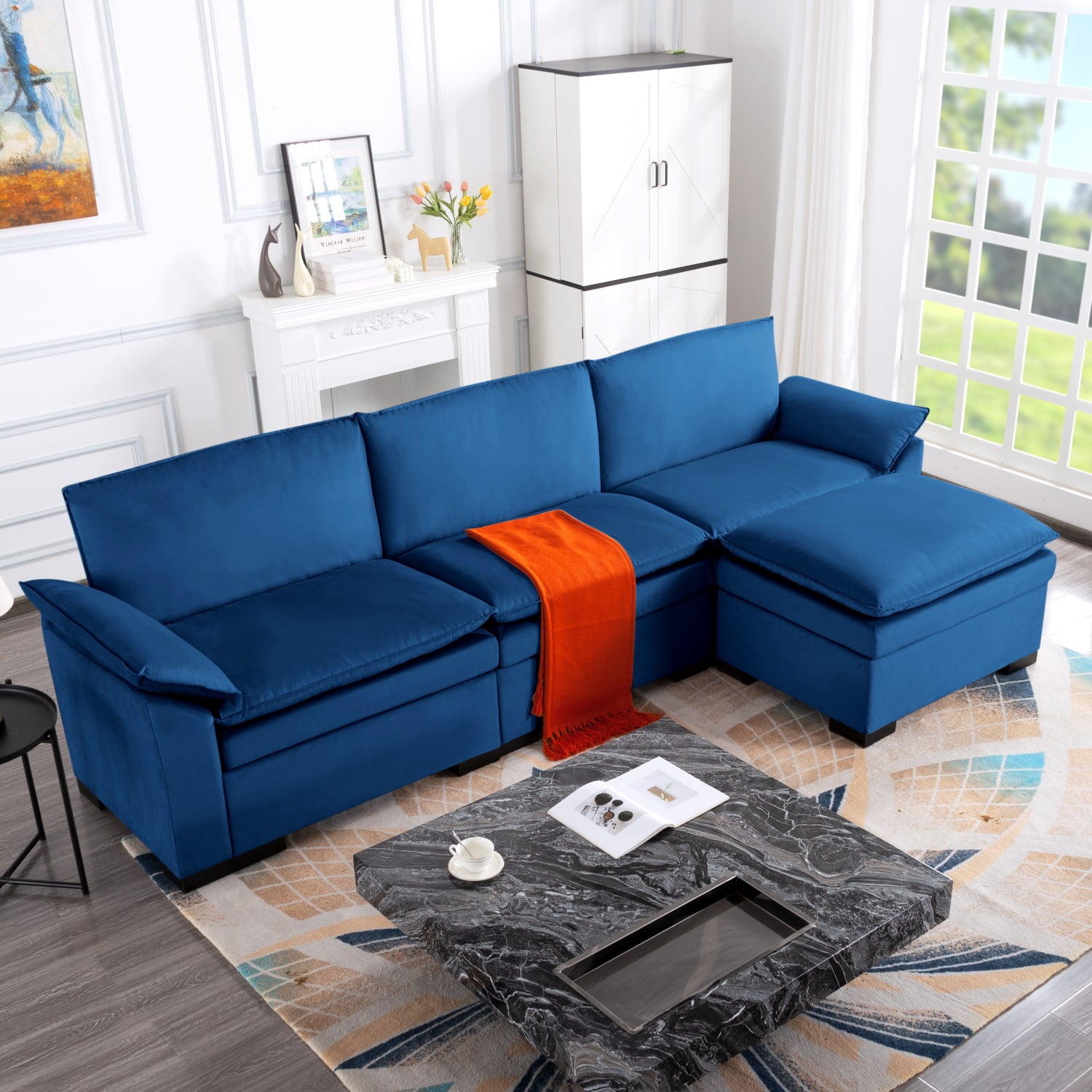 Gewnee 4-Seater L-Shaped Modular Velvet Sectional Sofa with Movable Ottoman - Living Room Furniture