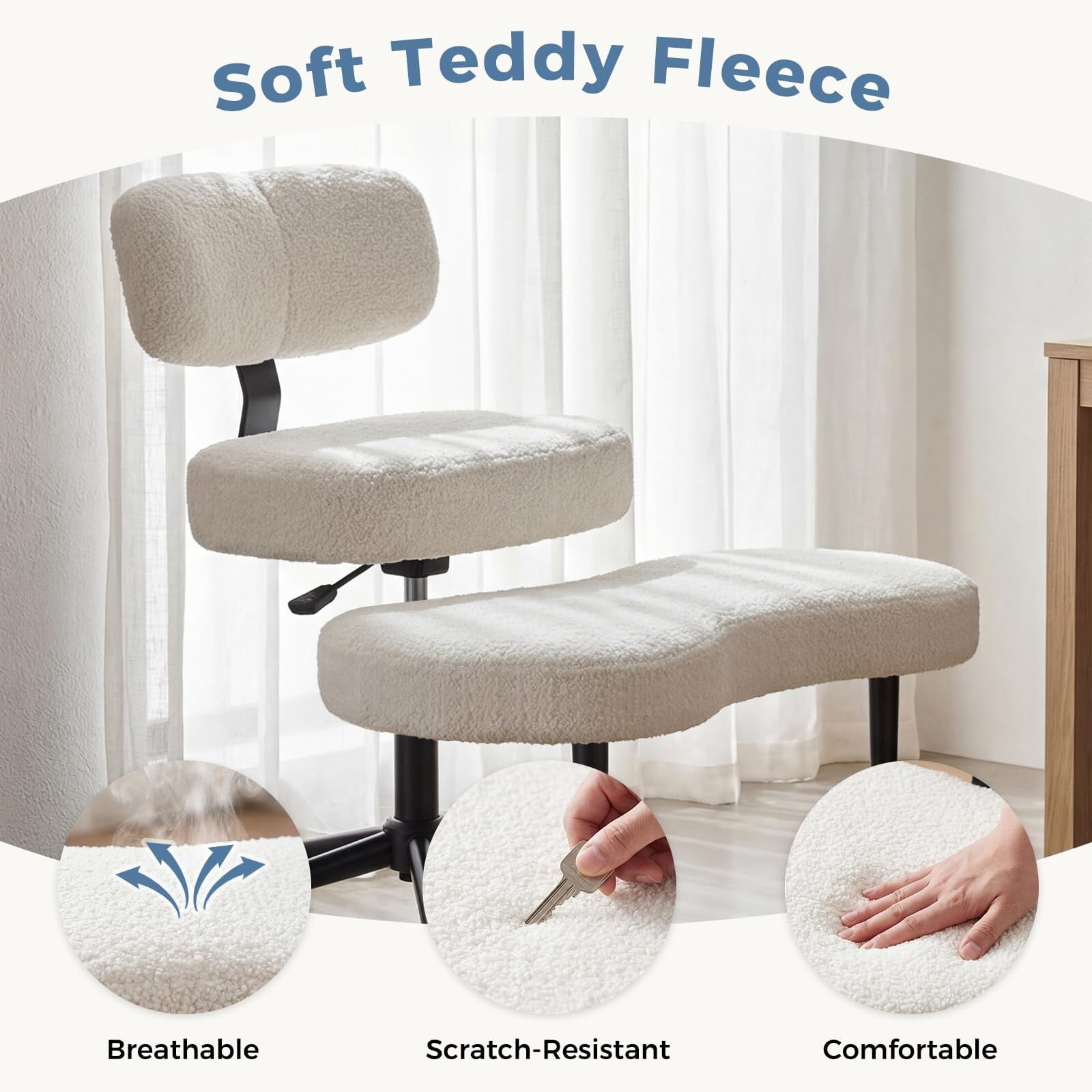 Kelno Cross Legged Meditation Chair with 360° Swivel Footrest Adjustable Backrest Ergonomic Teddy Fleece Office Chair, White