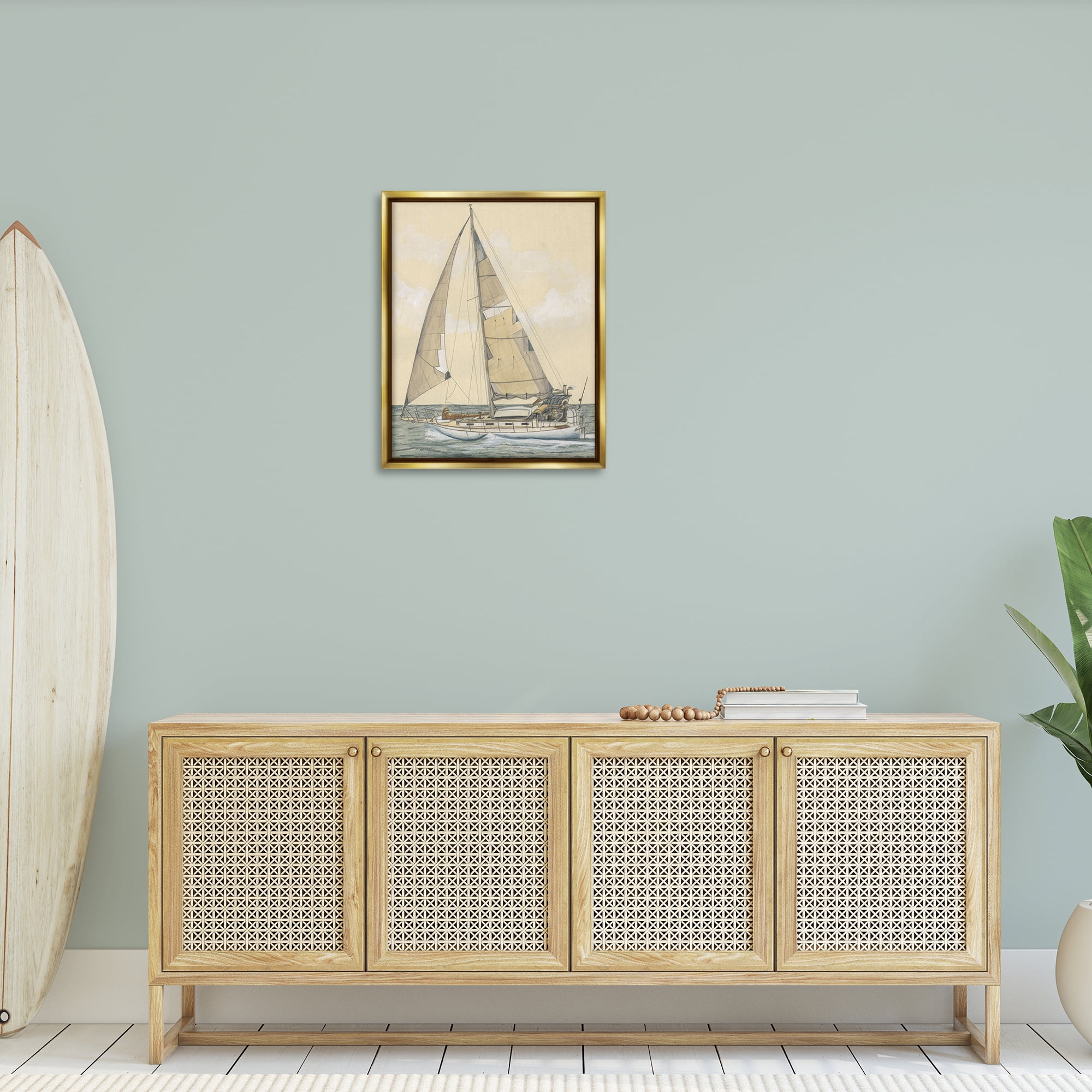 Stupell Industries Detailed Sailboat View Transportation Painting Gold Floater Framed Canvas Art Print Wall Art, 25 x 31