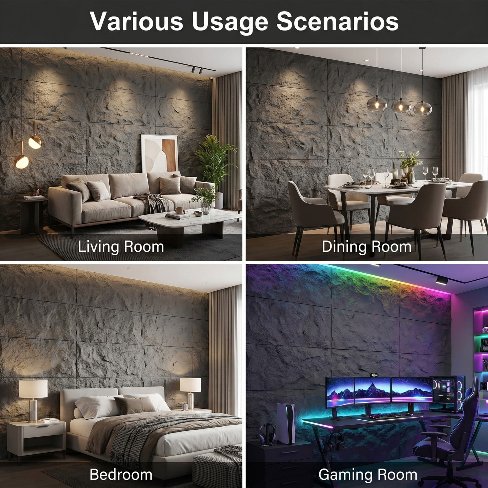 Plank & Hue 4Pcs 48"x24" 3D Faux Stone Wall Panels, Imitation Stone Wall Décor Wainscot Panel Board for Interior Accent Walls, Carbon Gray