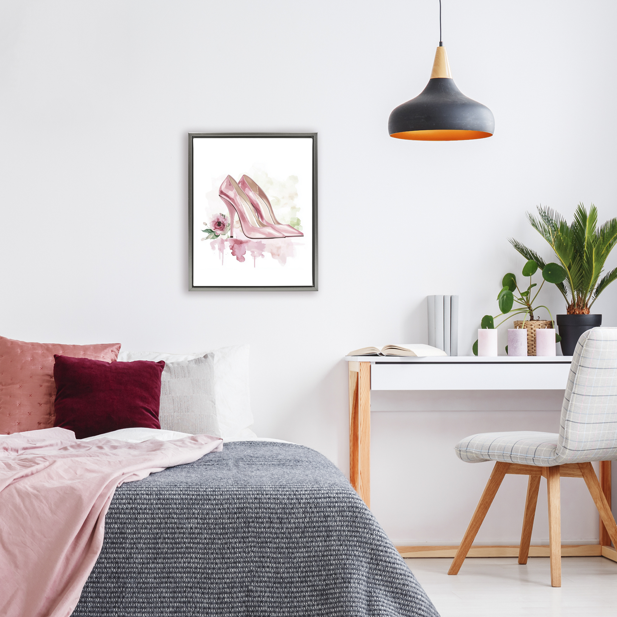 Rosy Pastel Heels Gray Framed Floater Canvas Wall Art, design by Christine Simpson Art