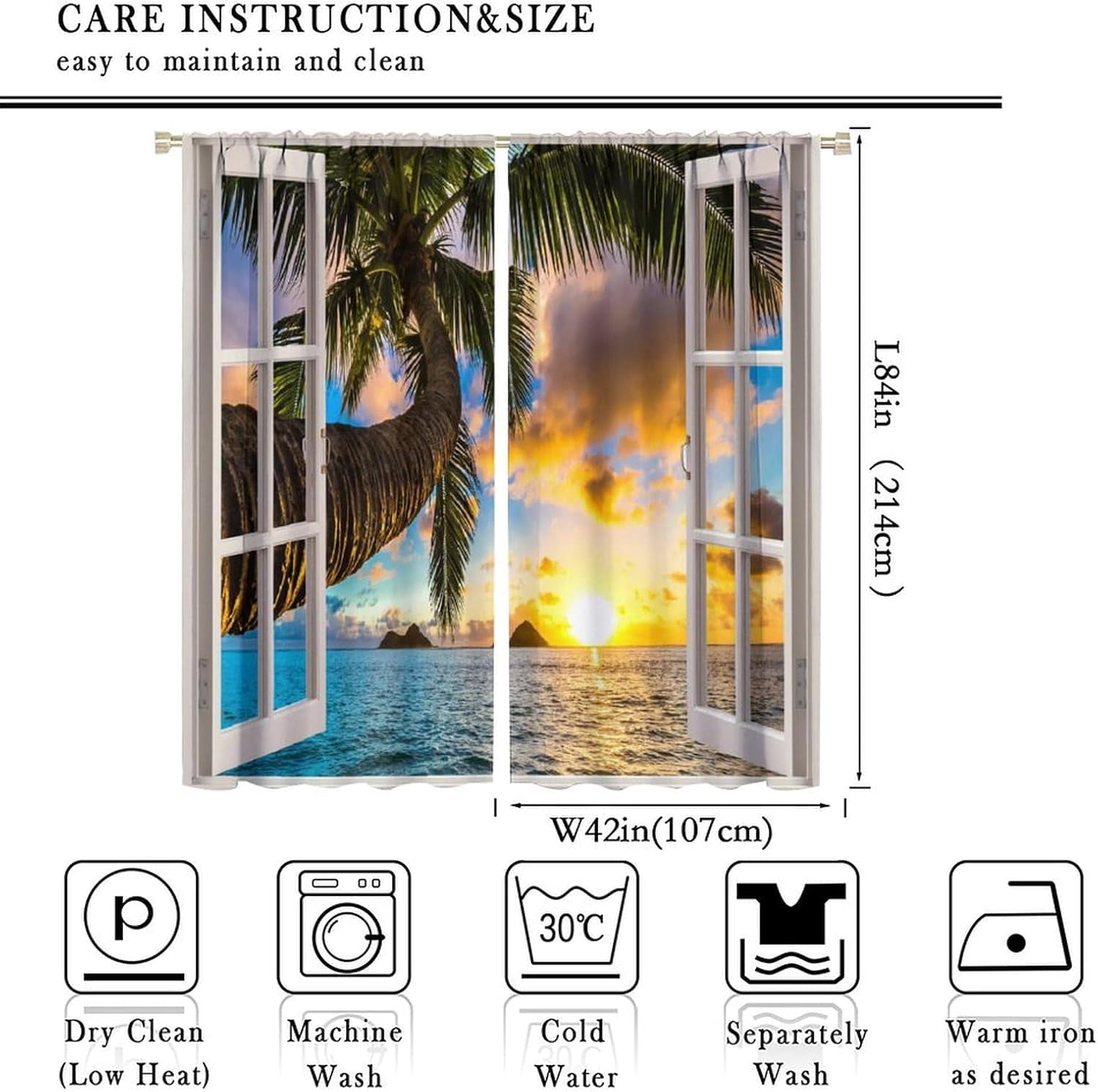 Natural Sea Landscape Curtain,Summer Ocean Beach Tropical Curtains,Home Bedroom Living Room Kitchen Decorative Window Drapes 84x84in