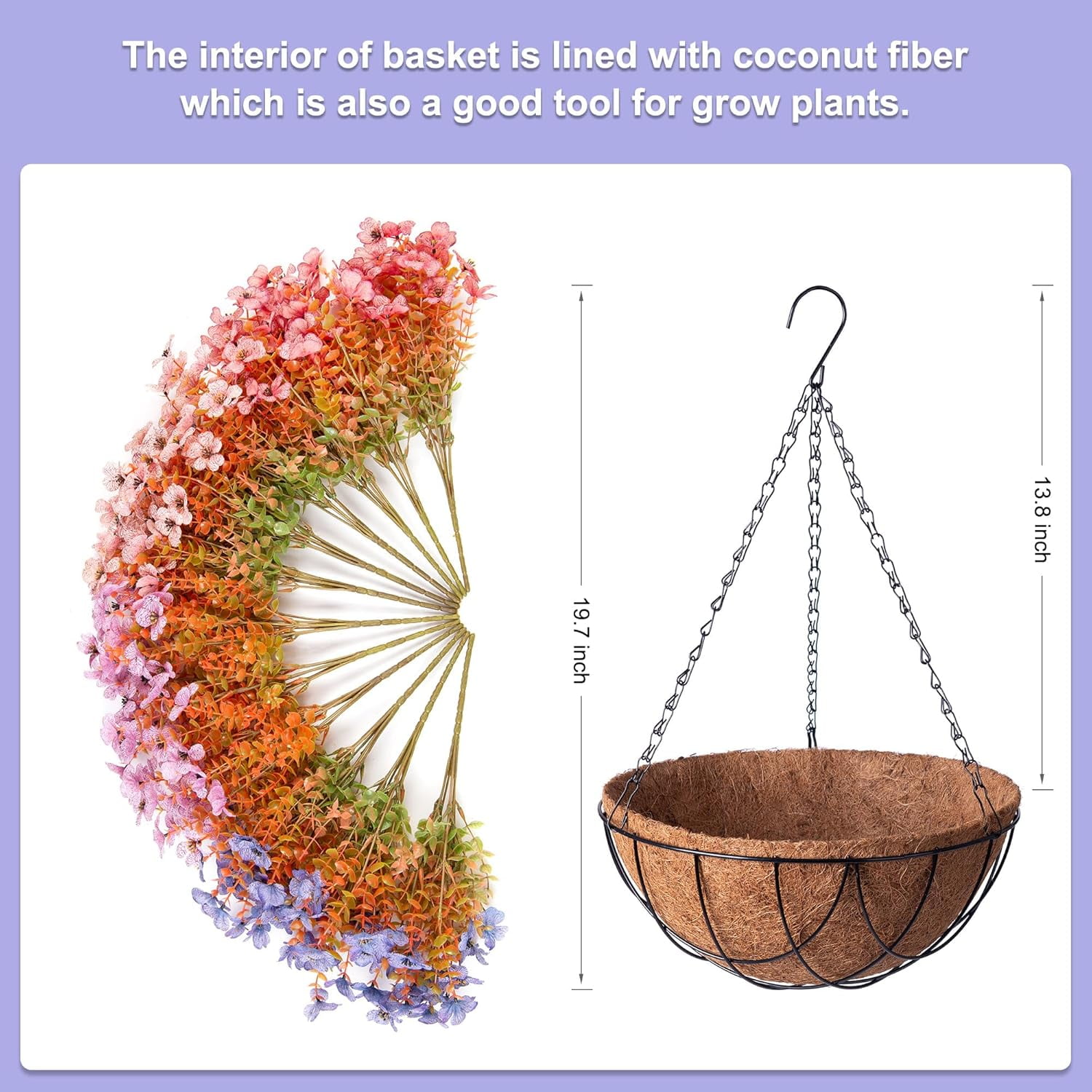 Artificial Silk Flowers Hanging Basket for Outdoor Indoor, Daisy with Eucalyptus Leaves Arrangement for Garden Yard Spring Decor, Faux Green Plant in Metal Coconut Lining Pot(Purple Pink)