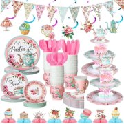 257 Pcs Tea Party Supplies Decoration Include Disposable Floral Paper Plate Napkin Teacup Saucer Set Cupcake Stand Centerpiece Bunting Banner Hanging Decoration for Teapot Party (Pink)