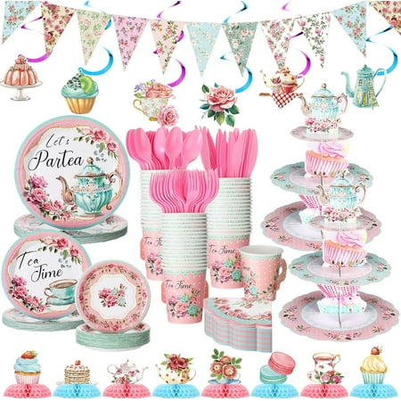257 Pcs Tea Party Supplies Decoration Include Disposable Floral Paper Plate Napkin Teacup Saucer Set Cupcake Stand Centerpiece Bunting Banner Hanging Decoration for Teapot Party (Pink)