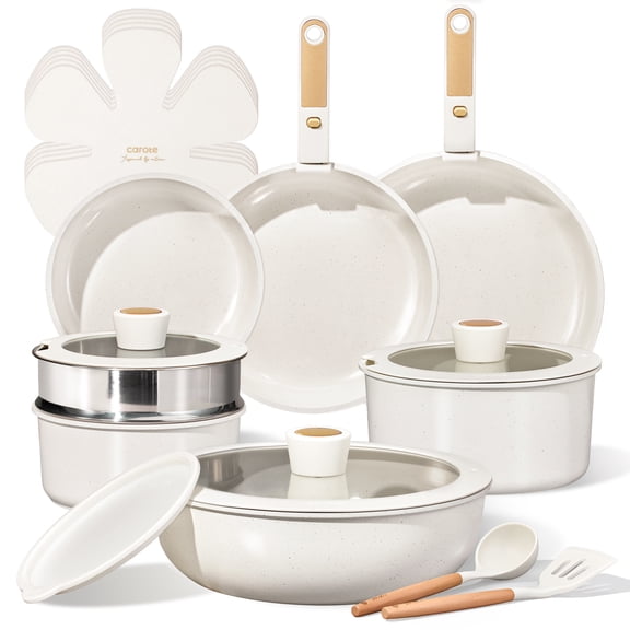 CAROTE 21 Piece Ceramic Detachable Cookware Set, Non-Stick Pots and Pans with Lids, Induction Compatible, Oven Safe, Dishwasher Safe, White