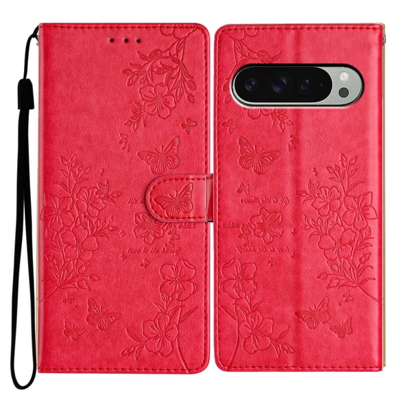 ELEHOLD For Google Pixel 9 Pro XL Flip Wallet Case with Card Slot Shockproof Floral Butterfly Pattern PU Leather Full Body Protective Cover with Wrist Strap,Red