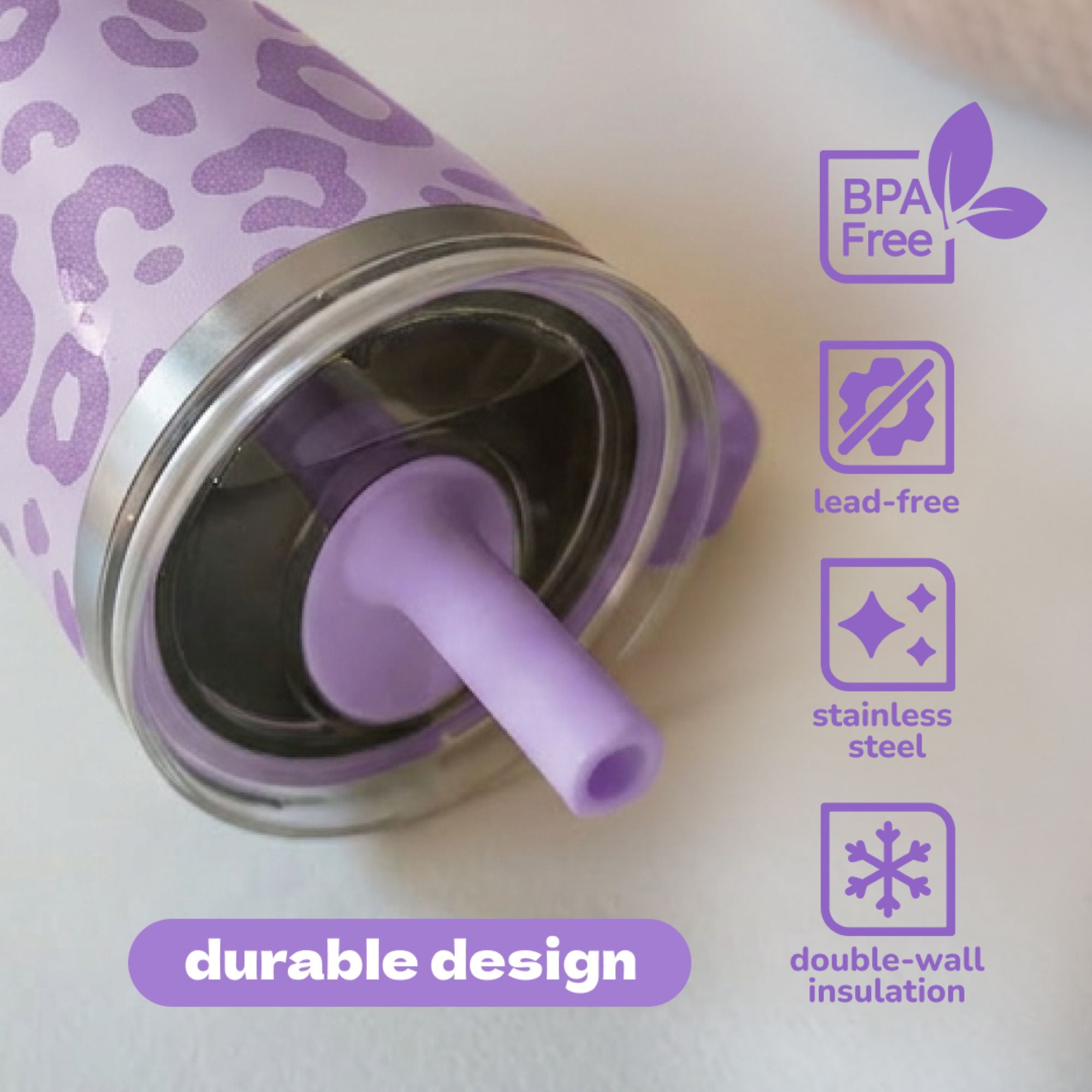 YAYA My First Travel Tumbler for Preschool & Kids 3+, Insulated Stainless Steel Tumbler with Reusable Silicone Straw & Spill-Proof Lid, Cup Holder Compatible, BPA-Free, 12oz, Purple Leopard
