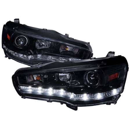 Projector Headlights w/ SMD LED Light Strip (Black Housing/Smoke Lens) Made for and Compatible with 2008-2015 Mitsubishi Lancer EVO