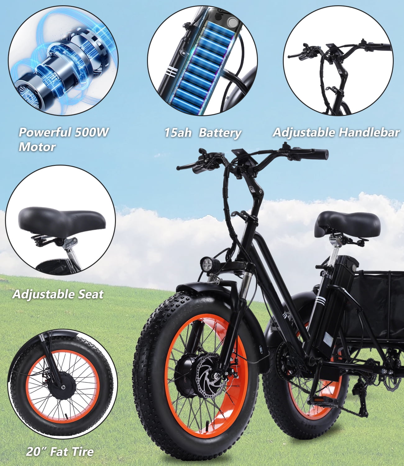 BROOBY Electric Tricycle for Adults, 500W Motor 1000W Peak 3 Wheel Electric Trike with 48V 15Ah Removable Battery, Up to 40 Miles, 20" x 4.0 Fat Tires, Large Rear Basket, 440 lb Capacity, UL2849,