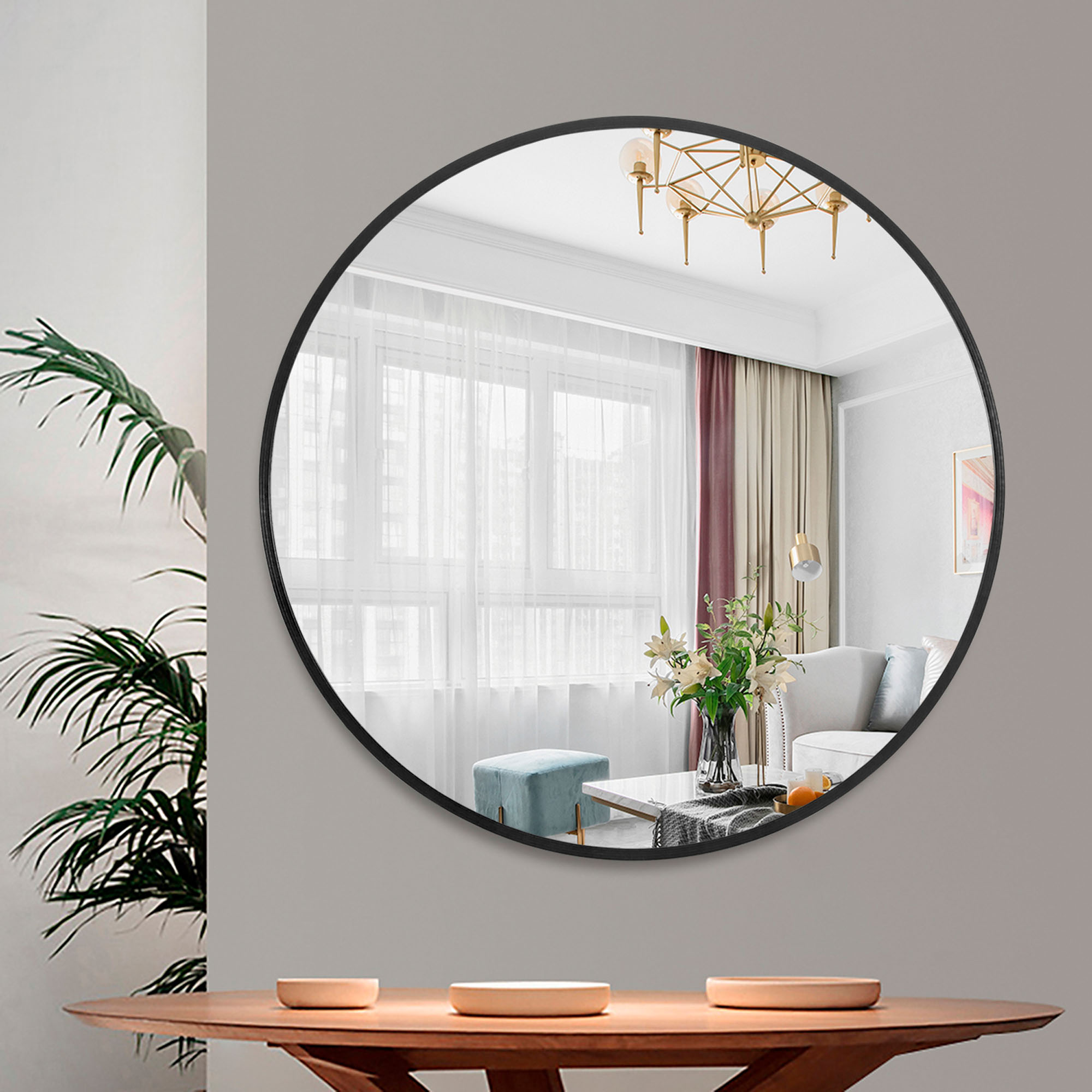 Round Wall Mounted Mirror Circle Metal Frame Black 20"
