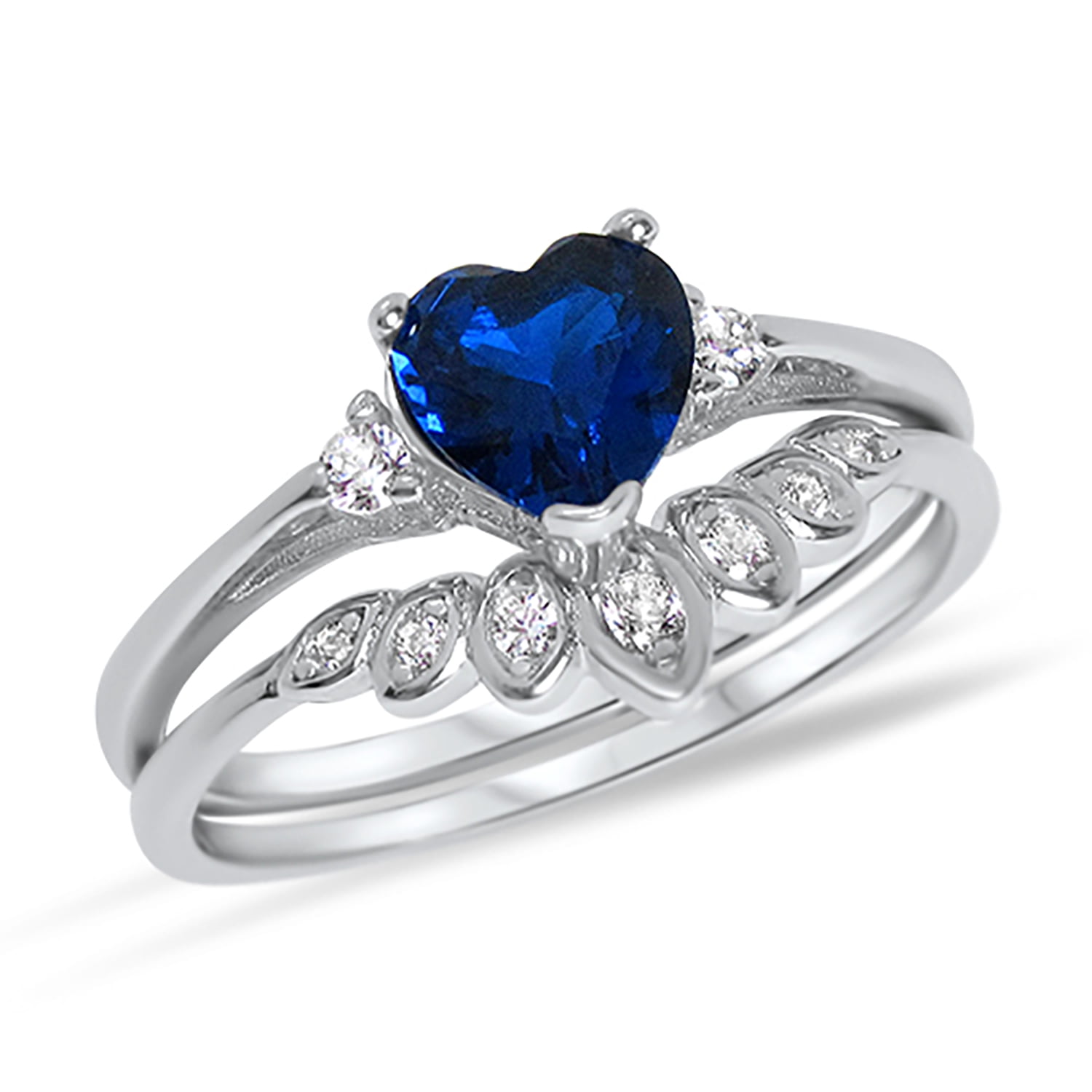 Sterling Silver Blue Sapphire Heart Shape CZ Wedding Engagement Ring Set for Women Size 8