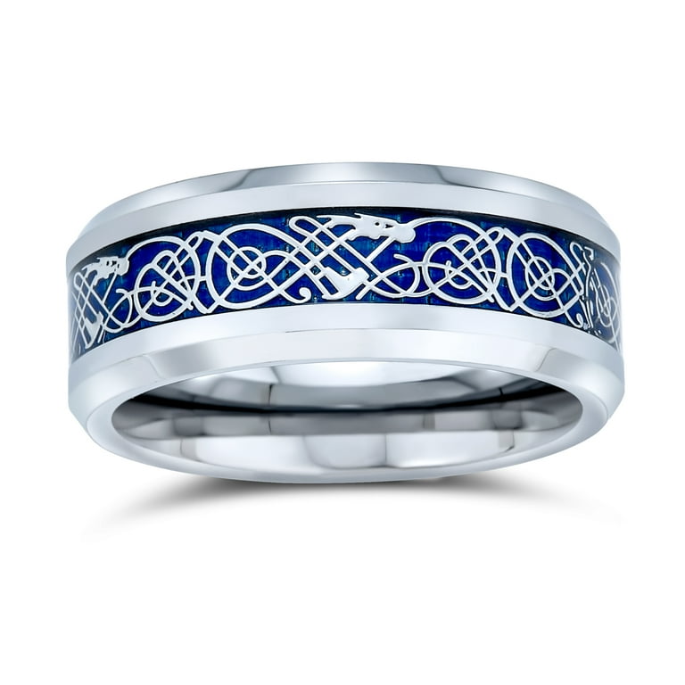 Silver Wedding Rings, online 2 Piece Couple Set Tungsten Bands with Blue Center Carbon Fiber Dragon Inlay Pattern, Silver Tungsten Wedding Rings