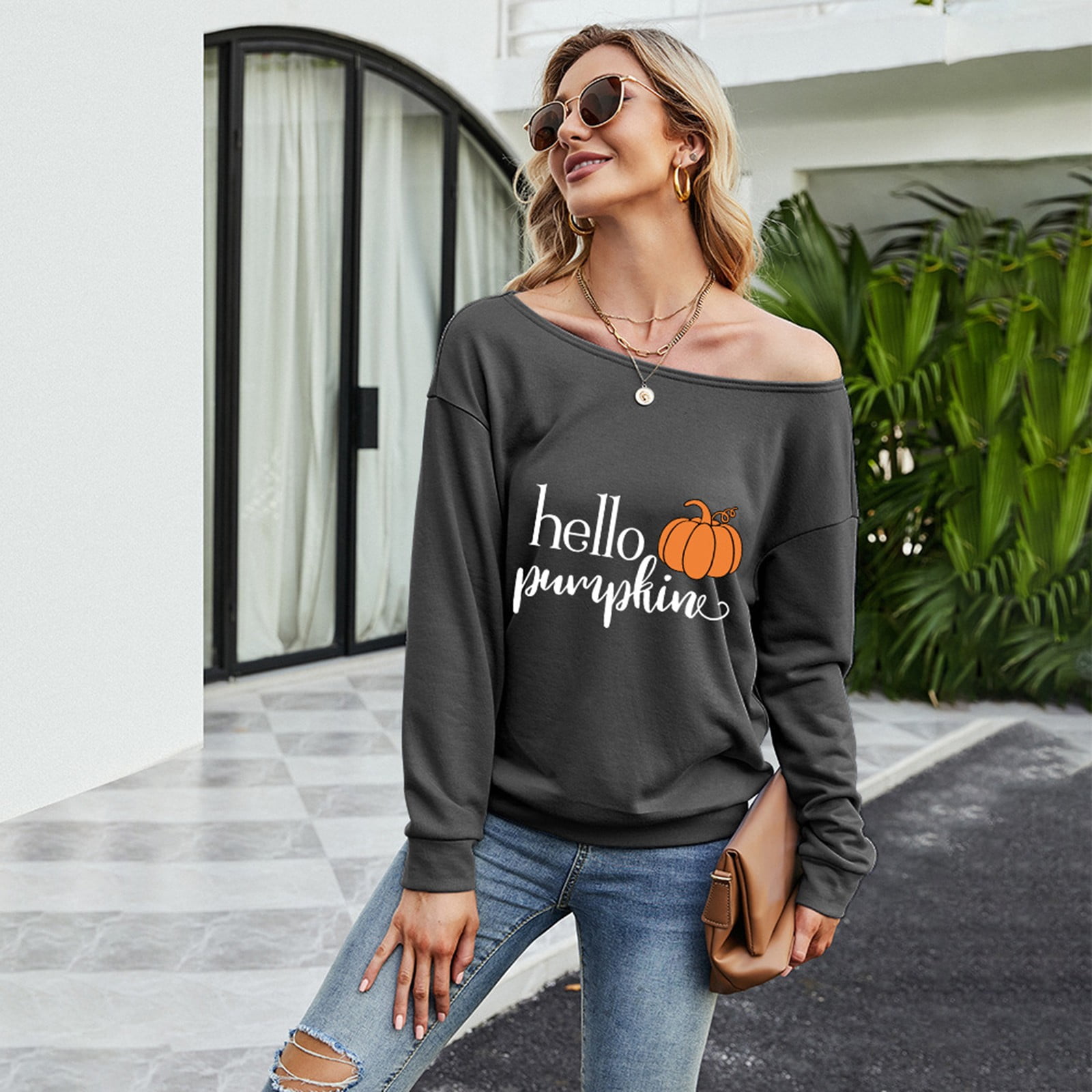 Women Tops Off Shoulder Skull Pumpkin Print Blouse Pullover Sweatshirt -  Walmart.com