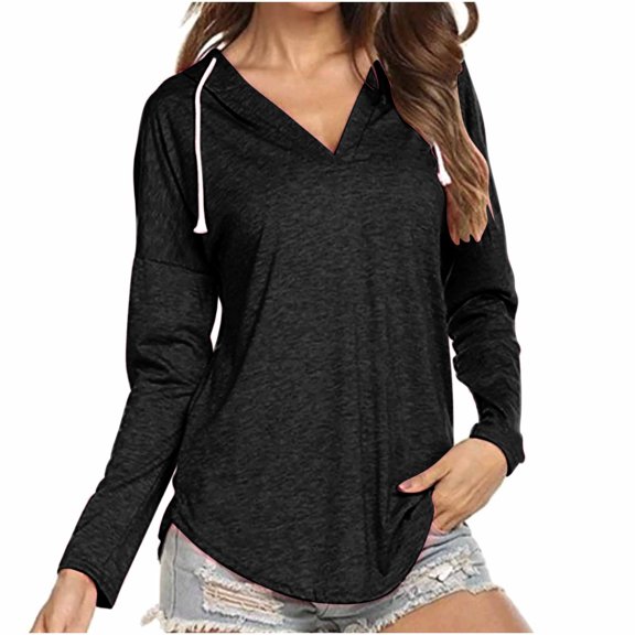 Taqqpue Women's Casual V Neck Hoodies Shirts Plus Size Solid Color Long Sleeve Drawstring Lightweight Shirts Pullover Tops Loose Oversized Sweatshirt Hooded Tops with Pocket