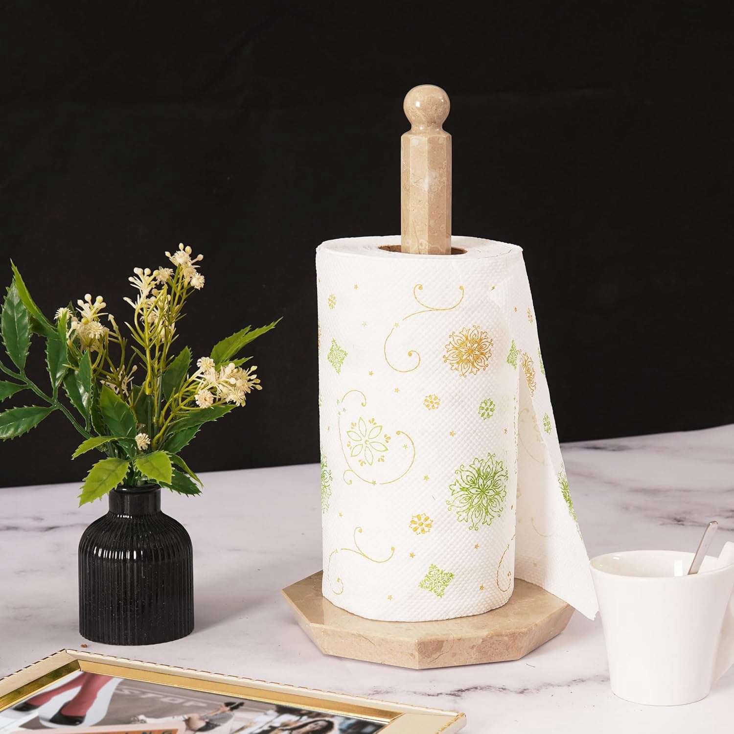Elborse Marble Paper Towel Holder 12.5 Inch Verona Handmade Star Countertop Stand for Kitchen & Bathroom, Elegant Stone Design, Paper Towels Organizer, Kitchen Décor Accessory
